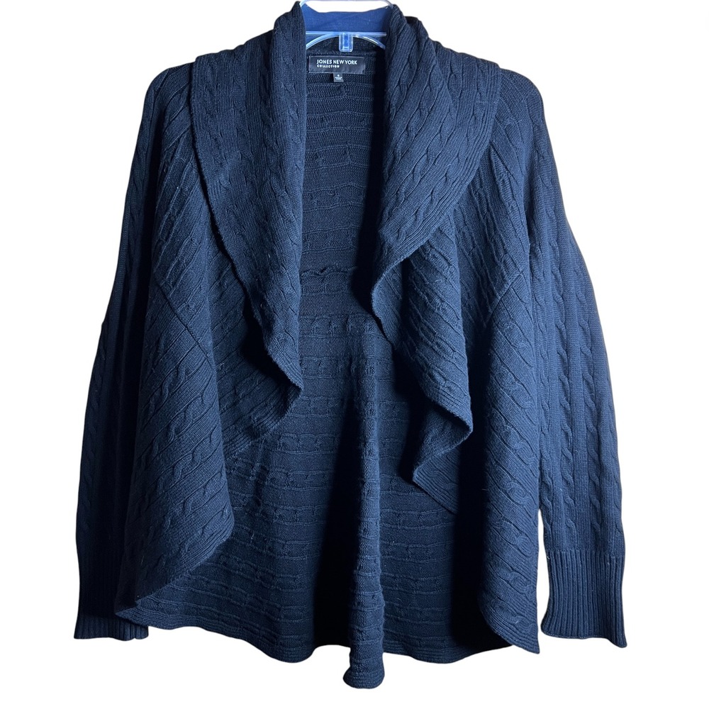 Jones New York Black Open Front Cable Knit Shawl Collar Cardigan Women's Small